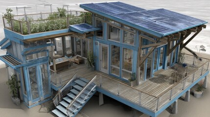 EcoHome Haven Solar panels with rooftop garden, modern design, and sustainability.