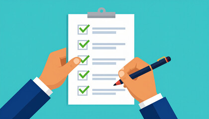 One hand holding checklist with green check marks and other hand holding pen, filling out list on clipboard with blue background. This flat design shows task completion