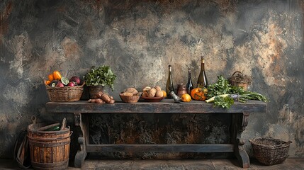 Rustic Still Life Harvest Vegetables Bottles and Wooden Table