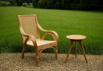 There is a chair and a table in the middle of the field