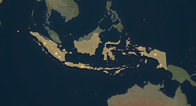 Indonesia Map at Night with Visible City Lights and Terrain