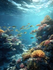 Naklejka premium School of Fish Swimming Over a Vibrant Coral Reef Ecosystem in Clear Blue Ocean Waters Underwater Scene