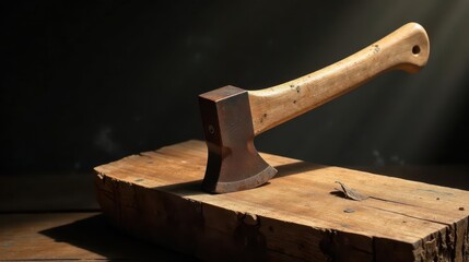 Rustic hand axe resting on weathered wood block, bathed in sunlight, a scene of simple craftsmanship and timeless tools.