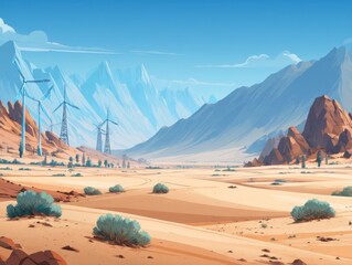 Desert landscape with wind turbines and mountains in background wide angle illustration energy production renewable power