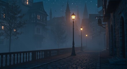 Misty Old Town with Cobblestone Street and Lamppost