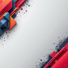 Abstract geometric shapes in red, blue, and orange frame a white background with a modern, tech-inspired design.