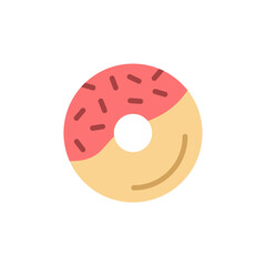 Stylized confection illustration, a doughnut pastry with pink frosting and sprinkles