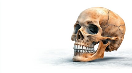 Fototapeta premium a stylized human skull rendered in black and white, with intricate detail and shading, set against a clean white background with a subtle shadow cast on the ground below.