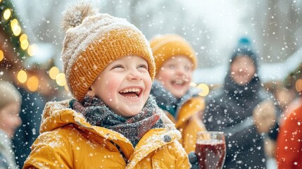 the scene is filled with people laughing and chatting, their breath visible in the frosty air as they stroll through the wintery wonderland of the christmas market