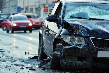 Obraz premium A damaged car with a smashed front and windshield, parked on a city street with other vehicles in the background.