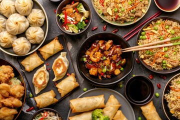 High Definition Visual of Chinese Takeout, TopDown View of Dumplings, Fried Rice, Spring Rolls
