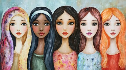 Obraz premium Five diverse women with different hairstyles and accessories, standing in a row against a textured background.