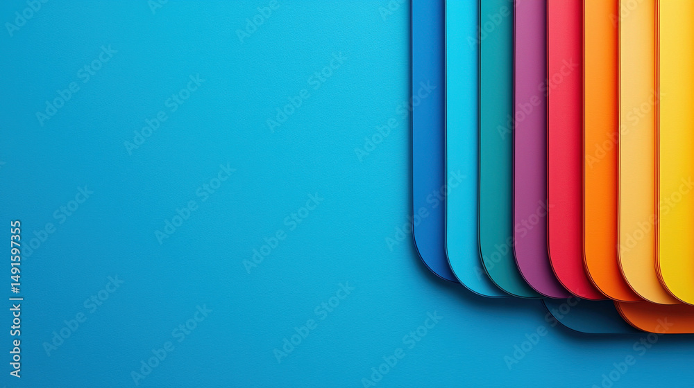 Leinwandbilder Colorful overlapping curved layers create vibrant abstract design against blue background, showcasing spectrum of rainbow colors. composition is modern and dynamic