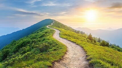 a winding path leading up a mountain, with lush green trees surrounding it and the sun shining brightly in the sky.