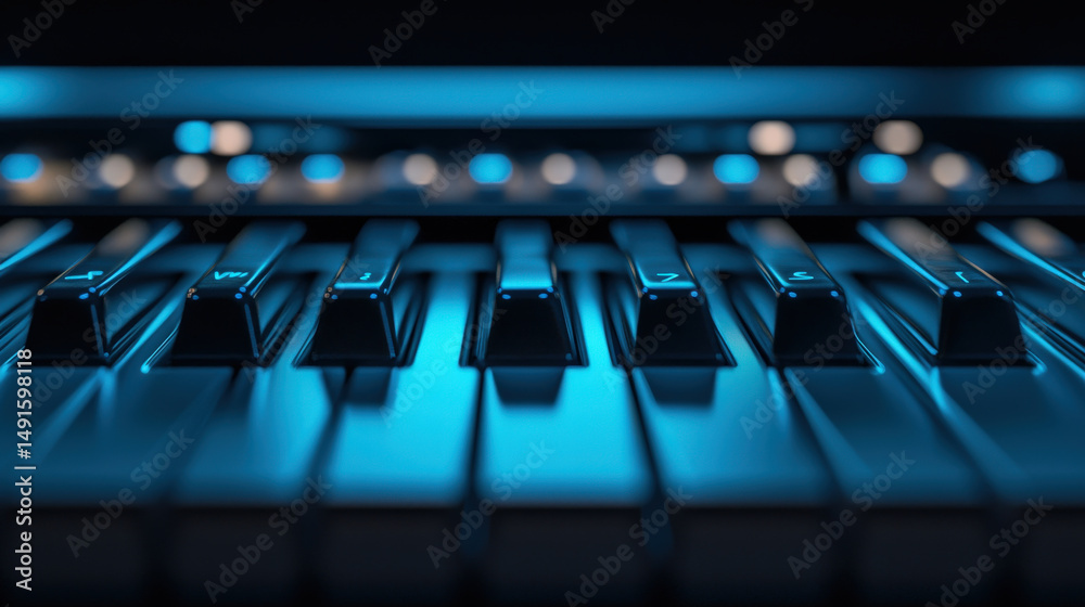 Poster Close up of keyboard with illuminated keys in dark setting, creating futuristic and artistic atmosphere. blue lighting highlights keys, adding modern touch