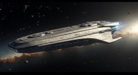 A futuristic spaceship flying through a dark space environment filled with asteroids and cosmic dust clouds