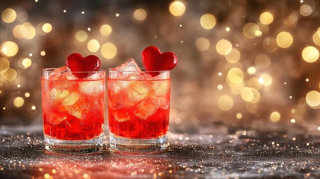 two elegant glasses filled with a vibrant red cocktail, set against a backdrop of shimmering bokeh lights. perfect for a romantic saint valentine's dinner or wedding celebration.