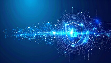 Obraz premium A digital shield symbolizing cybersecurity, surrounded by interconnected data points and a blue glow, representing protection and technology