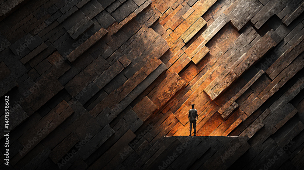 Aufkleber person stands on platform, gazing at dramatic wall of interlocking wooden panels illuminated by warm