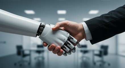 Human Robot Handshake Partnership Collaboration AI Integration Future Business Technology Agreement Synergy