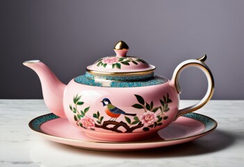 The plate contained a pink teapot with a bird on it