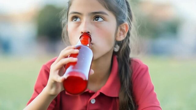 A young girl is sitting on the grass and holding a bottle of soda