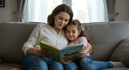 Cozy storytime: Mother and daughter sharing a book on a neutral sofa by a bright window.