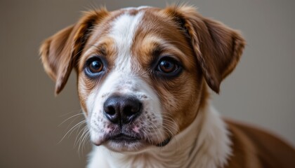 Close-up Portrait of a Brown and White Dog with Expressive Eyes Against a Soft Background