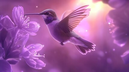 Fototapeta premium Hummingbird in flight, vibrant purple flowers