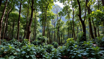 Lush Green Forest Scene with Sunlight Filtering Through Trees in a Peaceful Woodland Landscape