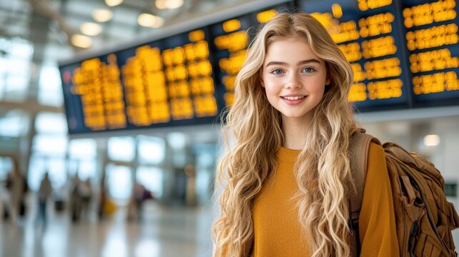 the female tourist stood in front of the departure board, carefully studying the flight schedules to determine the exact take off time for her upcoming journey.