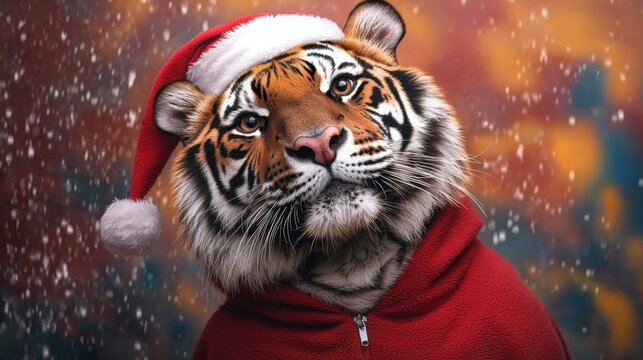 the portrait depicts a majestic tiger standing proudly in a red santa claus costume, with a vibrant and colorful background adding a festive and playful touch to the scene.