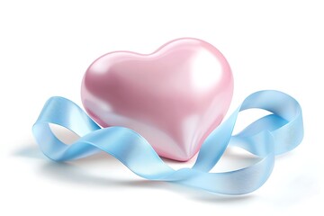 pink heart is adorned with a light blue ribbon