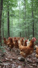 Rhode Island Red Chickens Roaming Freely in a Forest Setting Eye Level View Natural Light Organic Farming Sustainable Agriculture