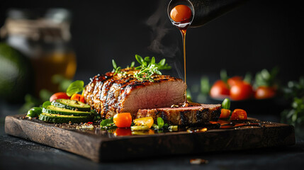 Grilled steak with herbs and vegetables on wooden board, drizzled with sauce, creates mouthwatering presentation. vibrant colors and steam enhance appetizing appeal