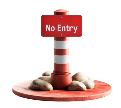 Red and white striped bollard shows no entry sign with rocks against the white background illustration.