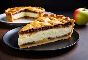 There's a pie on the plate with an apple in the background