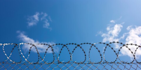 A blue sky with white clouds and a fence with barbed wire.