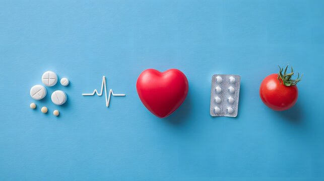 Arrangement of medical items including a red heart pills and a tomato representing a health insurance concept and the importance of preventive care and wellness