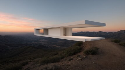Modern cantilever house over mountain ridge at sunset Dream home.