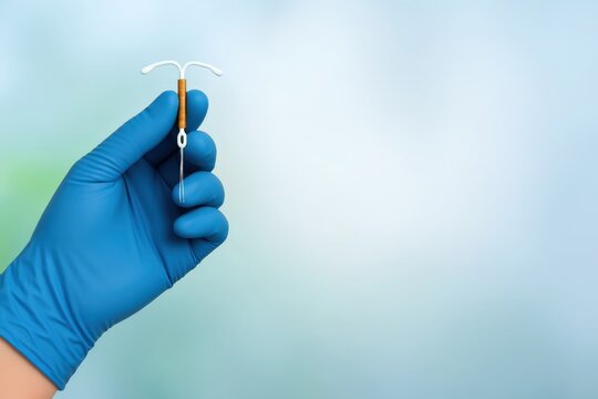 Close-up of a gloved hand holding a copper intrauterine device (IUD) against a soft blue background. Birth control, contraception, gynecology, and reproductive health concept