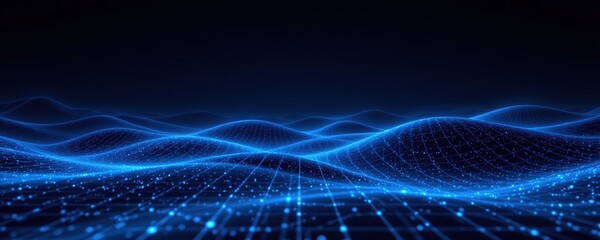 Obraz premium A glowing digital grid forms wavy, futuristic lines against a dark background, evoking technology and data visualization.