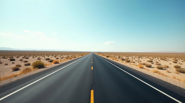 Endless Asphalt Journey Across a Vast, Arid Landscape Under a Clear Sky