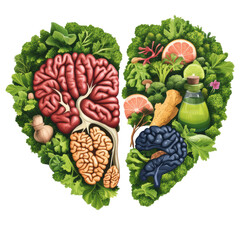 Healthy food shapes a human brain in the form of a heart representing the nourishment for wellness focus.
