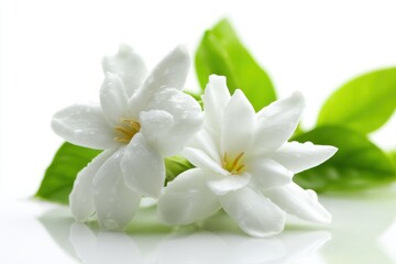 Fototapeta premium Two Jasmine Flowers Close Up Macro Studio Shot on White Background with Green Leaves and Water Droplets