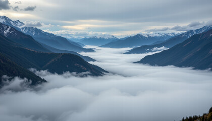 Breathtaking view of valley surrounded by majestic mountains, with blanket of clouds covering landscape, creating serene and tranquil atmosphere