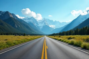 Naklejka premium Asphalt ribbon unwinding towards a majestic snow-capped mountain range under a brilliant summer sky