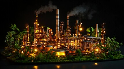 Illuminated miniature factory nestled within a lush botanical display.