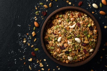 Overhead close-up of homemade granola in wooden bowl on dark surface with scattered nuts and seeds studio shot