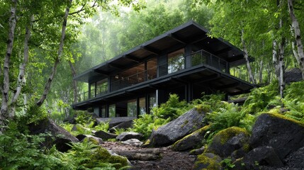 Modern Forest Home Glass  Steel Hideaway in Verdant Wilderness.
